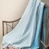 Woven Textile Company Blue Coastal Chevron Aquamarine Striped Throw Blanket Fringed Border 60 X 50