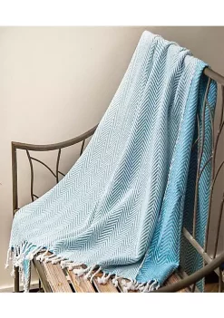 Woven Textile Company Blue Coastal Chevron Aquamarine Striped Throw Blanket Fringed Border 60 X 50