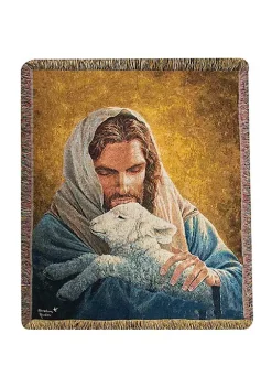 Woven Textile Company Brown and Blue Jesus and The Lost Lamb Design Rectangular Tapestry Throw Blanket 50" x 60"