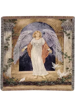 Woven Textile Company White and Blue Guardian Angel Contemporary Fringed Tapestry Throw Blanket 51" x 68" -Ultra Pro Best Sale Belk 752